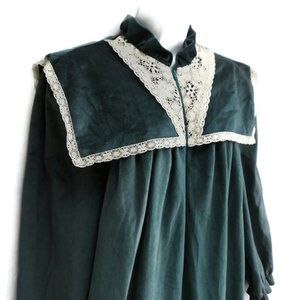 Vintage 60s Green House Coat Robe Velvet Velour Pilgrim Lace Collar Zip Long M